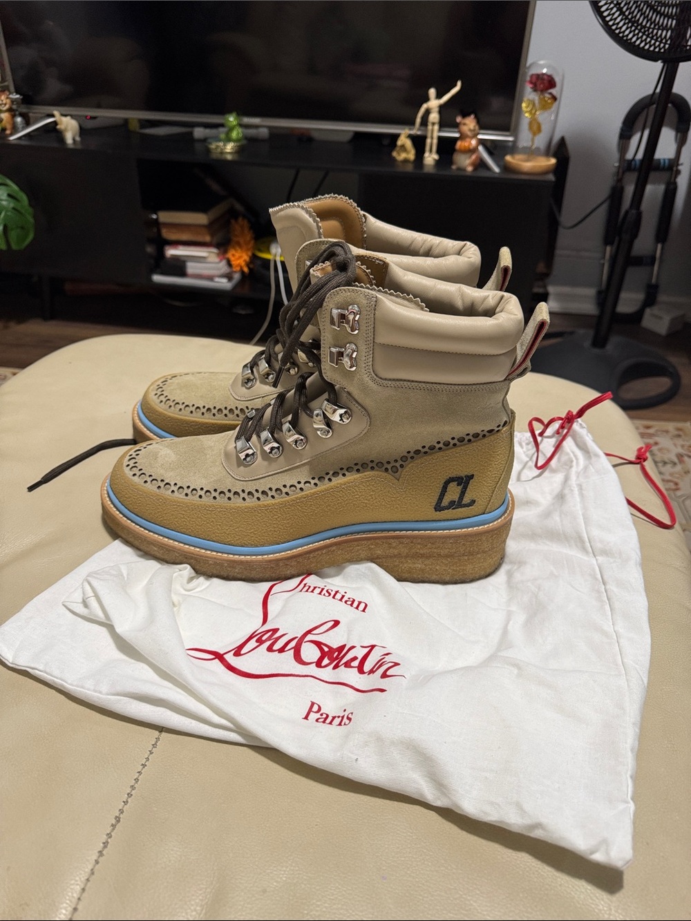 Christian Louboutin Beige and Light Blue Trim Lace-Up Platform Boots